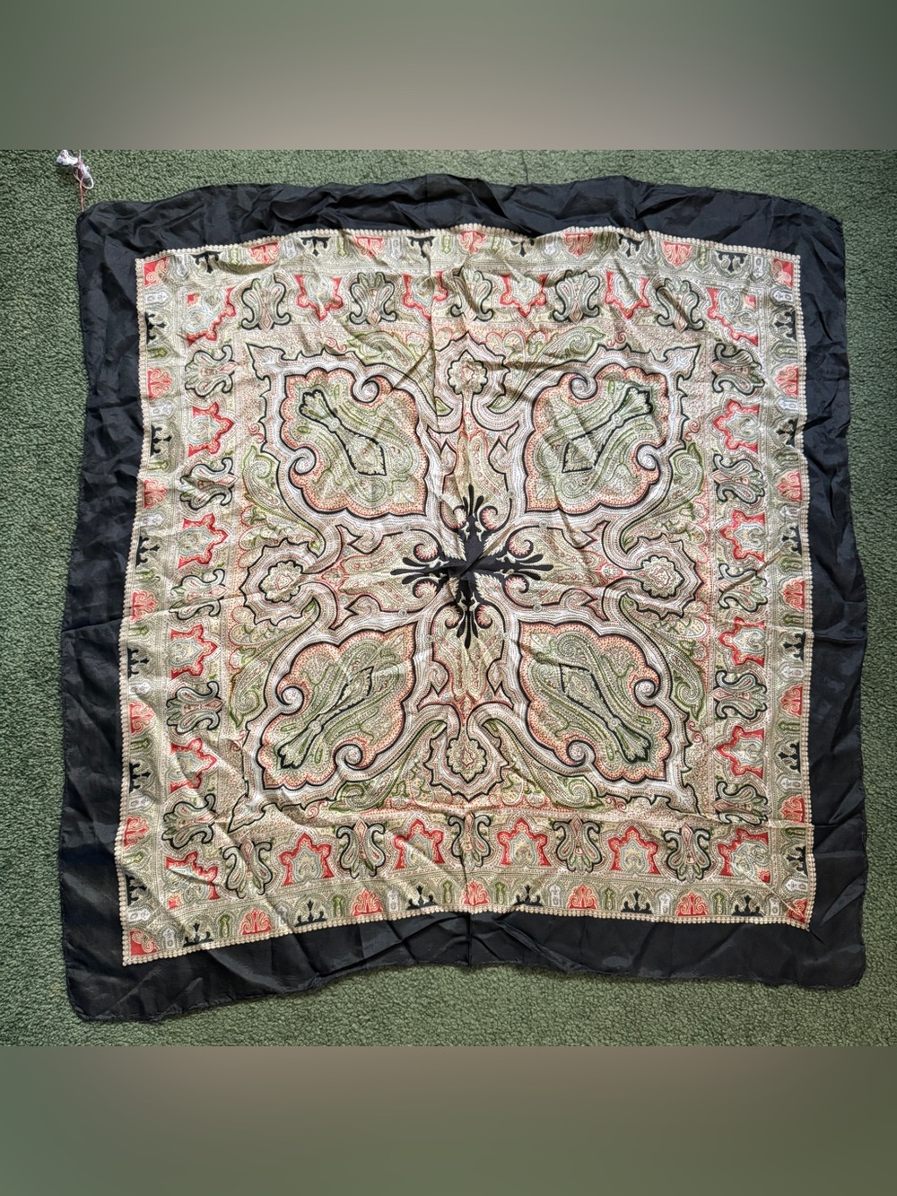 Vintage Rayon Black Red Green Paisley Printed Square Scarf Hand Rolled Hem